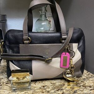 Fossil Black & Cream Leather Satchel
